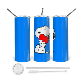Snoopy, Tumbler ποτήρι θερμό από ανοξείδωτο ατσάλι 600ml, με μεταλλικό καλαμάκι & βούρτσα καθαρισμού