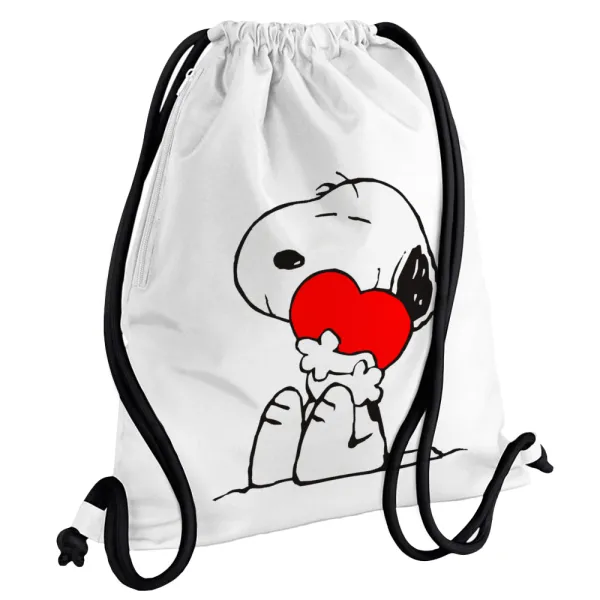 Snoopy — Τσάντα πλάτης πουγκί GYMBAG λευκή, με τσέπη (40x48cm) & χονδρά κορδόνια