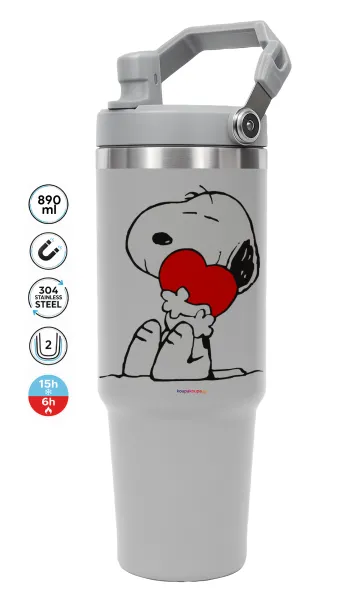 Snoopy — ΓΚΡΙ Travel Tumbler Θερμός με χερούλι και καλαμάκι 890ml