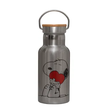 Snoopy, Stainless steel metallic thermos flask, silver with a bamboo lid, double-walled, 350ml.