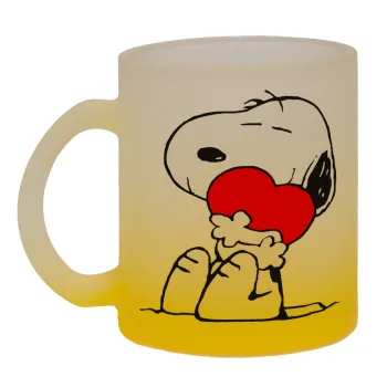 Snoopy, Κούπα γυάλινη δίχρωμη με βάση το κίτρινο ματ, 330ml