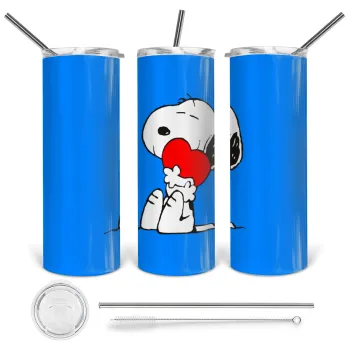 Snoopy, Tumbler ποτήρι θερμό από ανοξείδωτο ατσάλι 600ml, με μεταλλικό καλαμάκι & βούρτσα καθαρισμού