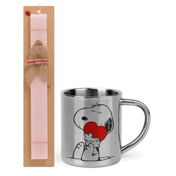 Snoopy, Πασχαλινή Λαμπάδα με μεταλλική κούπα θερμό (300ml) & κερί αρωματικό πλακέ (30cm) (ΡΟΖ)