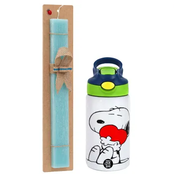 Snoopy, Easter Set, Children's thermal stainless steel bottle with safety straw, green/blue (350ml) & aromatic flat Easter candle (30cm) (TURQUOISE)