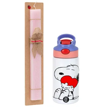 Snoopy, Easter Set, Children's thermal stainless steel water bottle with safety straw, pink/purple (350ml) & Easter scented flat candle (30cm) (PINK)
