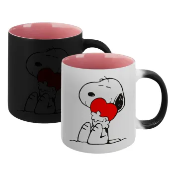Snoopy, Κούπα Μαγική εσωτερικό ΡΟΖ, κεραμική 330ml που αλλάζει χρώμα με το ζεστό ρόφημα
