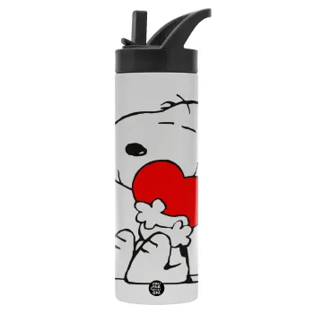 Snoopy, Μεταλλικό παγούρι θερμός με καλαμάκι & χειρολαβή, ανοξείδωτο ατσάλι (Stainless steel 304), διπλού τοιχώματος, 600ml