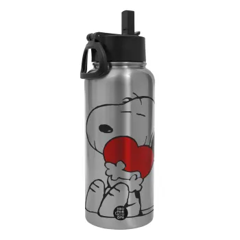 Snoopy, Μεταλλικό παγούρι θερμός Silver με καλαμάκι και χερούλι (Stainless steel), διπλού τοιχώματος, 950ml