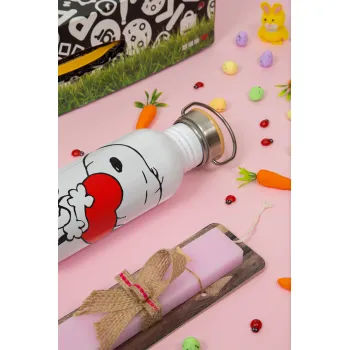 Snoopy, Πασχαλινή Λαμπάδα με παγούρι μεταλλικό (620ml, stainless steel) & κερί αρωματικό πλακέ (30cm) (ΡΟΖ)