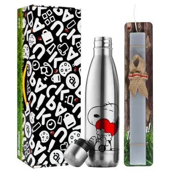 Snoopy, Easter Set, metallic stainless thermos flask (500ml) & scented flat Easter candle (30cm) (GRAY)