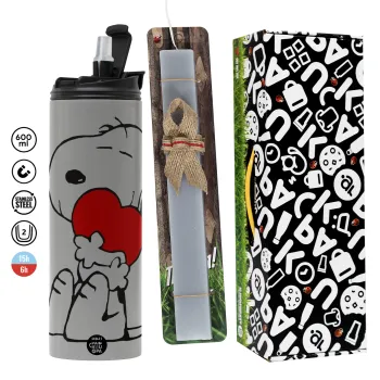 Snoopy, Πασχαλινή Λαμπάδα με Travel Tumbler θερμό (600ml, BPA free) & κερί αρωματικό πλακέ (30cm) (ΓΚΡΙ)