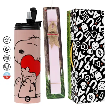 Snoopy, Πασχαλινή Λαμπάδα με  ΡΟΖ Travel Tumbler θερμό (600ml, BPA free) & κερί αρωματικό πλακέ (30cm) (ΡΟΖ)