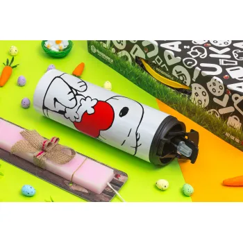 Snoopy, Πασχαλινή Λαμπάδα με Travel Tumbler θερμό με διπλό καπάκι (600ml, BPA free) & κερί αρωματικό πλακέ (30cm) (ΡΟΖ)