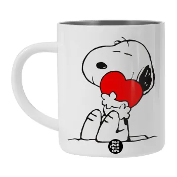 Snoopy, Λευκή Ανοξείδωτη Μεταλλική Κούπα 450ml - Διπλού Τοιχώματος 