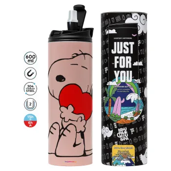 Snoopy, Tumbler ποτήρι θερμό ΡΟΖ από ανοξείδωτο ατσάλι 600ml