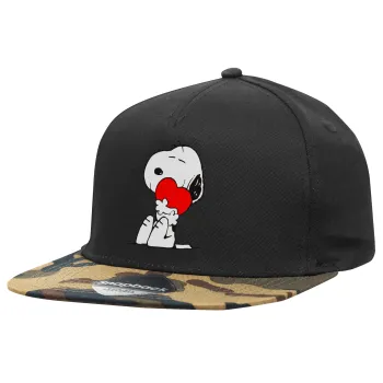 Snoopy, Καπέλο Ενηλίκων Flat Snapback Μαύρο/Παραλλαγή, (100% ΒΑΜΒΑΚΕΡΟ TWILL, ΕΝΗΛΙΚΩΝ, UNISEX, ONE SIZE)