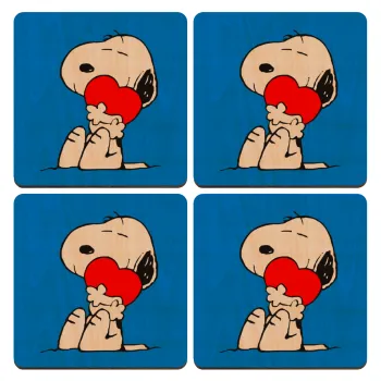 Snoopy, ΣΕΤ x4 Σουβέρ ξύλινα τετράγωνα plywood (9cm)