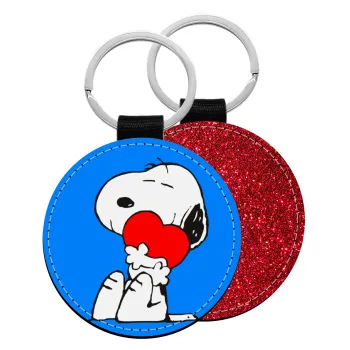 Snoopy, Μπρελόκ Δερματίνη, στρογγυλό ΚΟΚΚΙΝΟ (5cm)