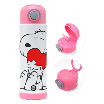 Snoopy, Children's hot water bottle, stainless steel, with safety straw, PINK (500ml)