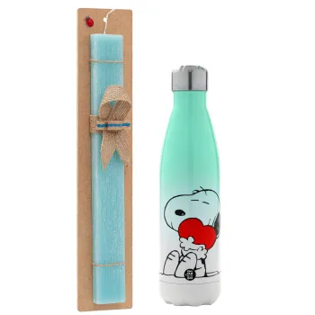 Snoopy, Easter Set, Metallic green/white thermos (Stainless steel), double-walled, 500ml & scented flat Easter candle (30cm) (TURQUOISE)