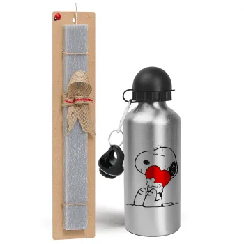 Snoopy, Easter Set, metallic silver aluminum water bottle (500ml) & aromatic flat Easter candle (30cm) (GRAY)