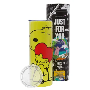 Snoopy, Neon Yellow Travel Tumbler θερμό, μεταλλικό καλαμάκι(Ανωξείδωτο 304 Food grade, BPA free, 600ml)