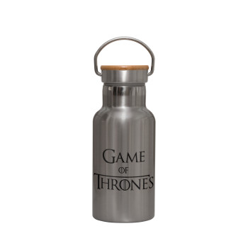 Game of Thrones, Μεταλλικό παγούρι θερμός (Stainless steel) Ασημένιο με ξύλινο καπακι (bamboo), διπλού τοιχώματος, 350ml