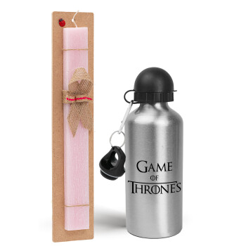Game of Thrones, Πασχαλινό Σετ, παγούρι μεταλλικό Ασημένιο αλουμινίου (500ml) & πασχαλινή λαμπάδα αρωματική πλακέ (30cm) (ΡΟΖ)