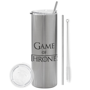 Game of Thrones, Eco friendly ποτήρι θερμό Ασημένιο (tumbler) από ανοξείδωτο ατσάλι 600ml, με μεταλλικό καλαμάκι & βούρτσα καθαρισμού