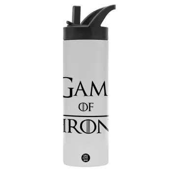 Game of Thrones, Μεταλλικό παγούρι θερμός με καλαμάκι & χειρολαβή, ανοξείδωτο ατσάλι (Stainless steel 304), διπλού τοιχώματος, 600ml