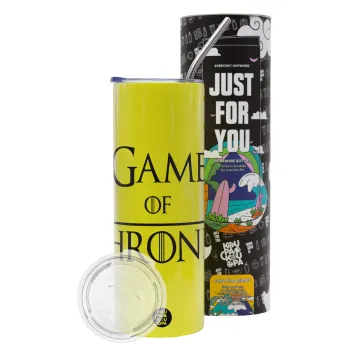 Game of Thrones, Neon Yellow Travel Tumbler θερμό, μεταλλικό καλαμάκι(Ανωξείδωτο 304 Food grade, BPA free, 600ml)