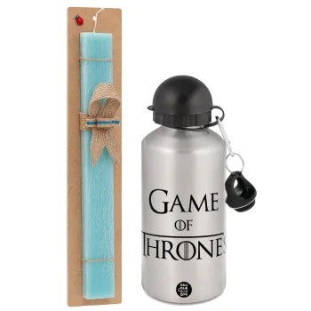 Game of Thrones, Easter Set, metallic silver aluminum water bottle (500ml) & scented flat Easter candle (30cm) (TURQUOISE)