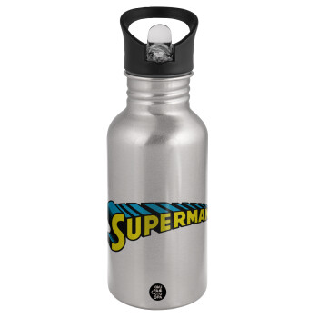 Superman vintage, Παγούρι νερού Ασημένιο με καλαμάκι, ανοξείδωτο ατσάλι 500ml