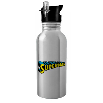 Superman vintage, Water bottle Silver with straw, stainless steel 600ml