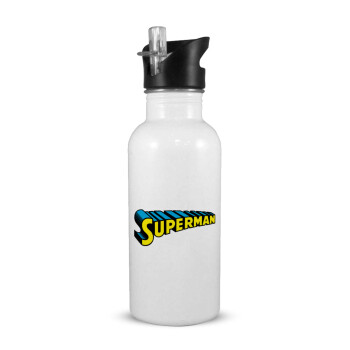 Superman vintage, White water bottle with straw, stainless steel 600ml
