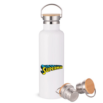 Superman vintage, Stainless steel White with wooden lid (bamboo), double wall, 750ml