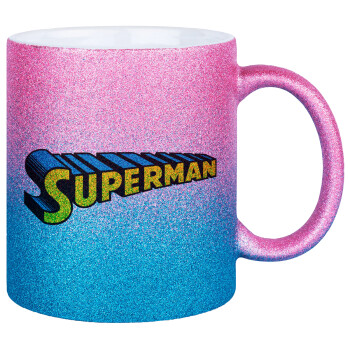 Superman vintage, Κούπα Χρυσή/Μπλε Glitter, κεραμική, 330ml