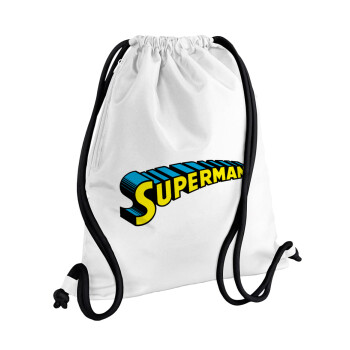 Superman vintage, Backpack pouch GYMBAG white, with pocket (40x48cm) & thick cords