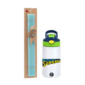 Superman vintage, Πασχαλινό Σετ, Παιδικό παγούρι θερμό, ανοξείδωτο, με καλαμάκι ασφαλείας, πράσινο/μπλε (350ml) & πασχαλινή λαμπάδα αρωματική πλακέ (30cm) (ΤΙΡΚΟΥΑΖ)