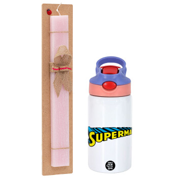 Superman vintage, Πασχαλινό Σετ, Παιδικό παγούρι θερμό, ανοξείδωτο, με καλαμάκι ασφαλείας, ροζ/μωβ (350ml) & πασχαλινή λαμπάδα αρωματική πλακέ (30cm) (ΡΟΖ)