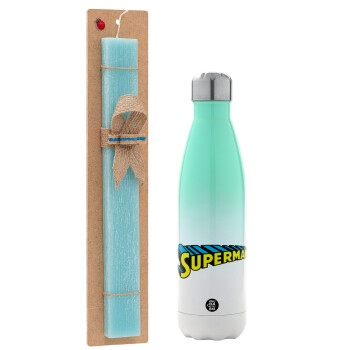 Superman vintage, Πασχαλινή Λαμπάδα με Μεταλλικό παγούρι θερμός Πράσινο/Λευκό (Stainless steel), διπλού τοιχώματος, 500ml & κερί αρωματικό πλακέ (30cm) (ΤΙΡΚΟΥΑΖ)