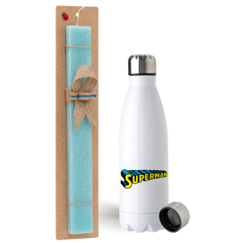 Superman vintage, Easter Set, metallic stainless steel water bottle (750ml) & aromatic flat Easter candle (30cm) (TURQUOISE)