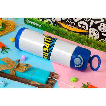 Superman vintage, Easter candle, Childrens hot water bottle, stainless steel, with safety straw, BLUE (500ml)