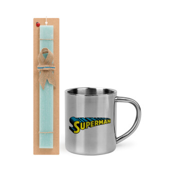 Superman vintage, Easter Set, metallic thermal cup (300ml) & aromatic flat Easter candle (30cm) (TURQUOISE)