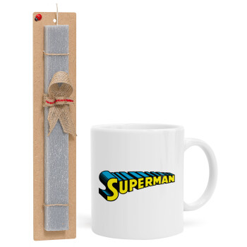Superman vintage, Πασχαλινό Σετ, Κούπα κεραμική (330ml) & πασχαλινή λαμπάδα αρωματική πλακέ (30cm) (ΓΚΡΙ)