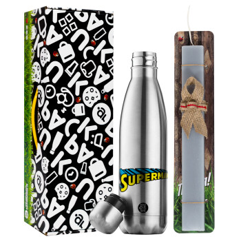 Superman vintage, Easter Set, metallic stainless thermos flask (500ml) & scented flat Easter candle (30cm) (GRAY)