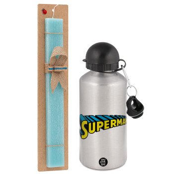 Superman vintage, Πασχαλινό Σετ, παγούρι μεταλλικό Ασημένιο αλουμινίου (500ml) & πασχαλινή λαμπάδα αρωματική πλακέ (30cm) (ΤΙΡΚΟΥΑΖ)