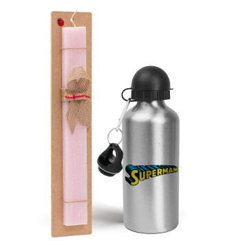 Superman vintage, Easter Set, metallic Silver aluminum water bottle (500ml) & scented flat Easter candle (30cm) (PINK)
