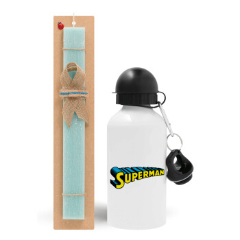 Superman vintage, Easter Set, metallic aluminum water bottle (500ml) & scented flat candle (30cm) (TURQUOISE)