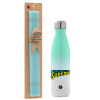 Easter Set, Metallic green/white thermos (Stainless steel), double-walled, 500ml & scented flat Easter candle (30cm) (TURQUOISE)